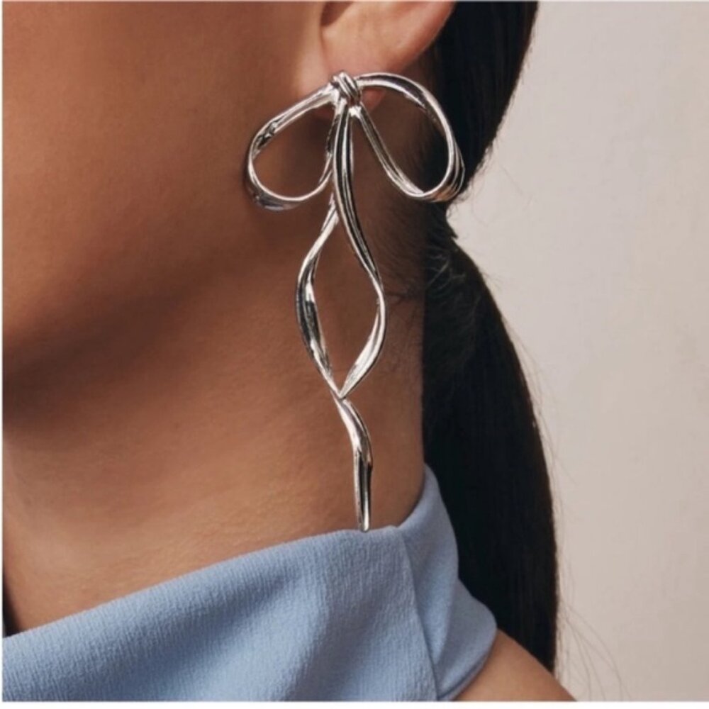 Anthropologie Polished Silver Ribbon Loop Drop Earrings